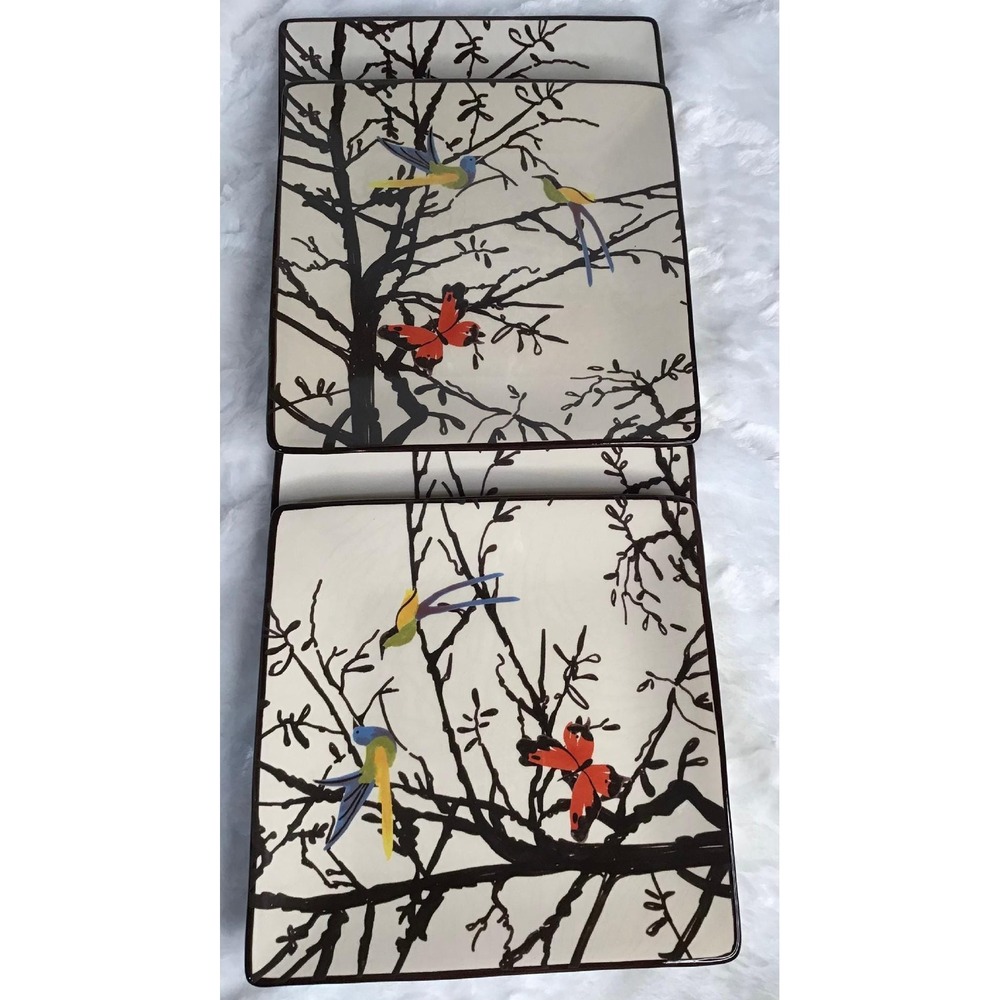 Dinner Plates 9 1/4" Ceramic Square Roscher (4) Birds Butterfly Trees Whimsical